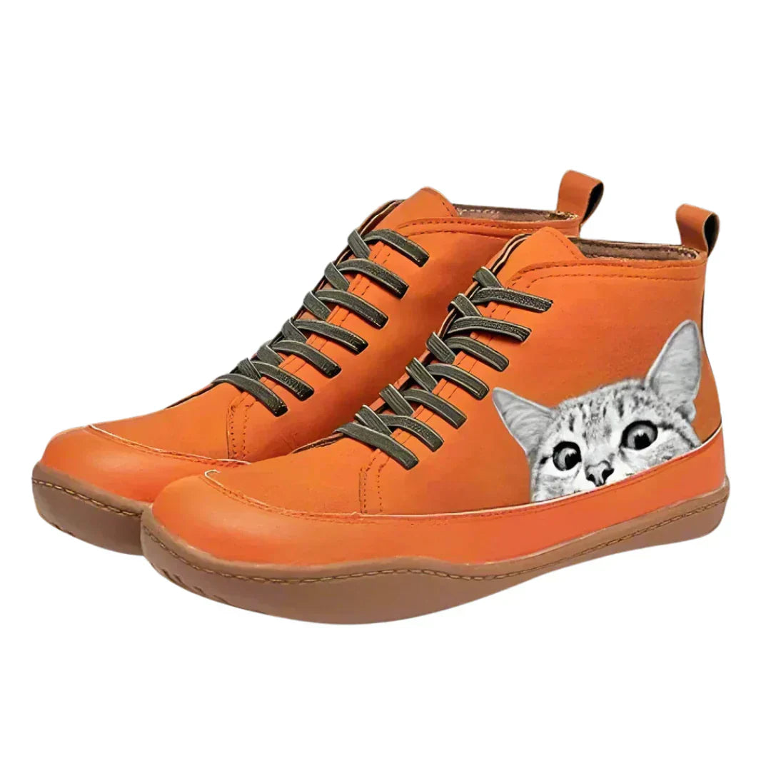 Eleanor - Leather Ankle Boots with Cat Motif