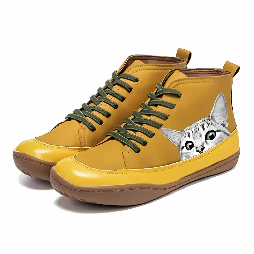 Eleanor - Leather Ankle Boots with Cat Motif