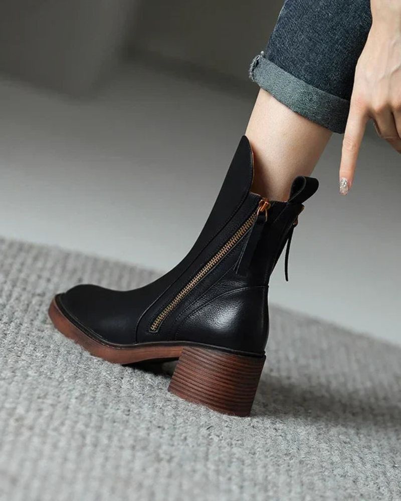 Valorine | Black Leather Ankle Boots, Designed With A Comfortable Heel.