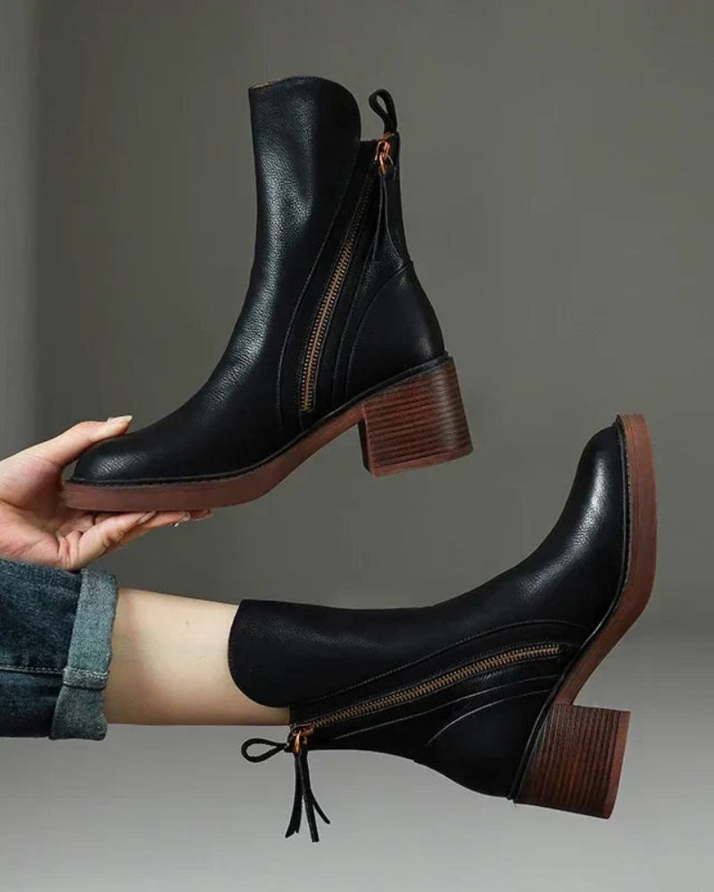 Valorine | Black Leather Ankle Boots, Designed With A Comfortable Heel.