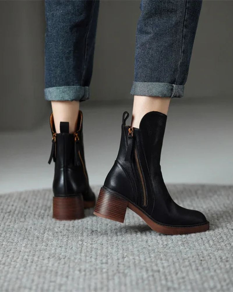 Valorine | Black Leather Ankle Boots, Designed With A Comfortable Heel.