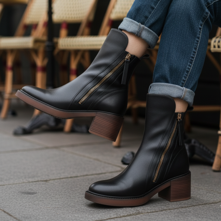 Valorine | Black Leather Ankle Boots, Designed With A Comfortable Heel.