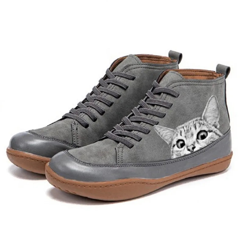 Eleanor - Leather Ankle Boots with Cat Motif