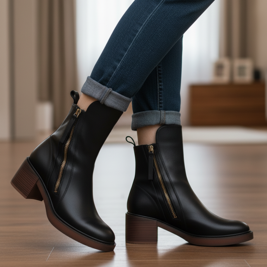 Valorine | Black Leather Ankle Boots, Designed With A Comfortable Heel.