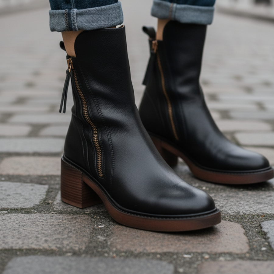 Valorine | Black Leather Ankle Boots, Designed With A Comfortable Heel.