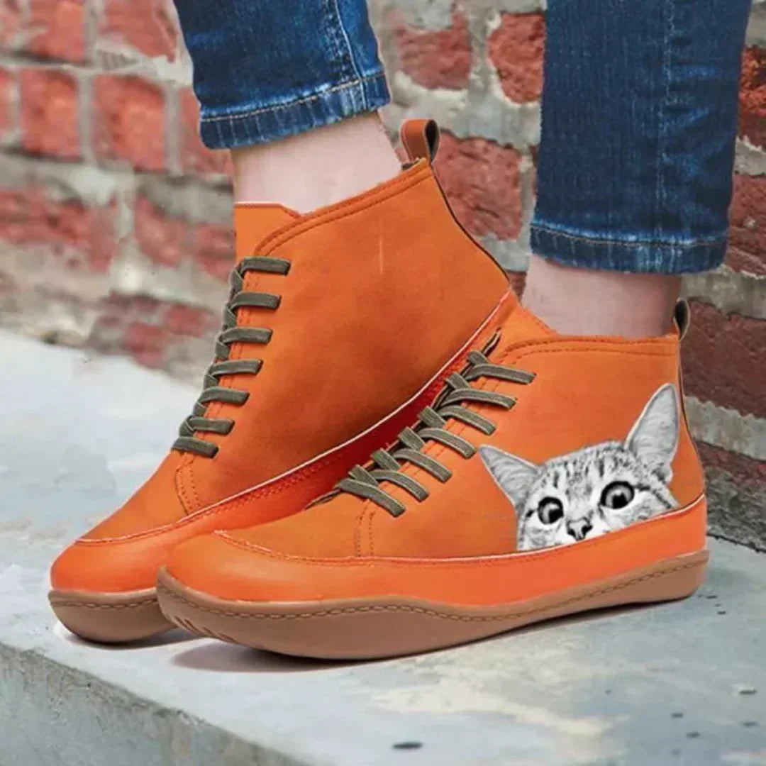 Eleanor - Leather Ankle Boots with Cat Motif