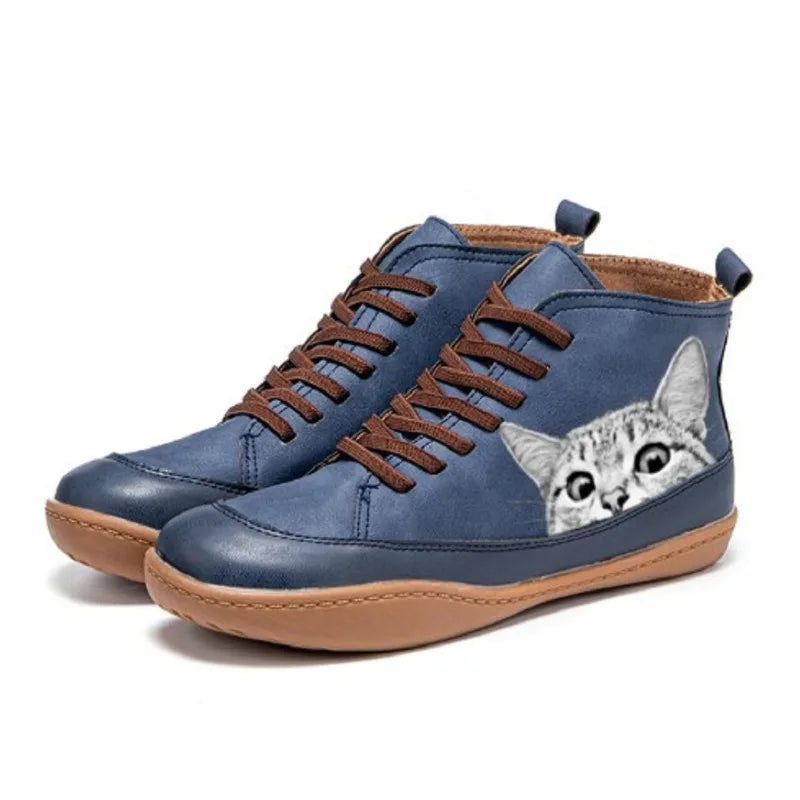Eleanor - Leather Ankle Boots with Cat Motif