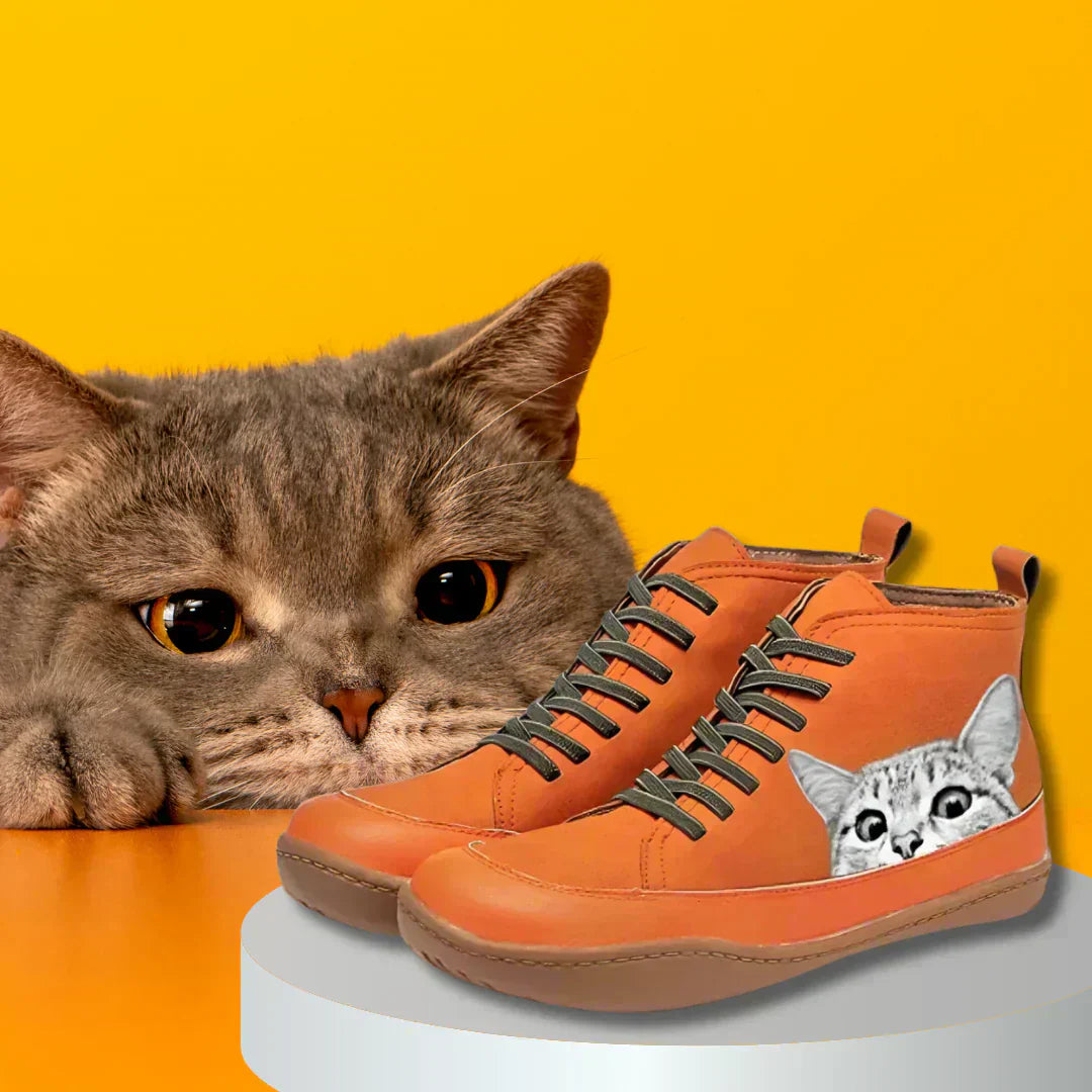 Eleanor - Leather Ankle Boots with Cat Motif