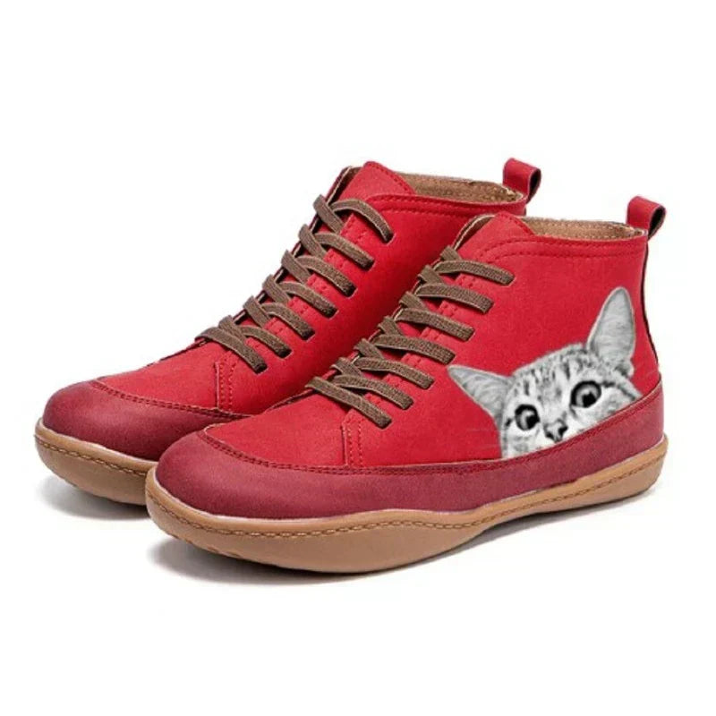 Eleanor - Leather Ankle Boots with Cat Motif